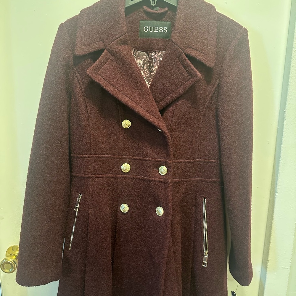 GUESS Women's Dark Red Pea Coat with Gold Buttons